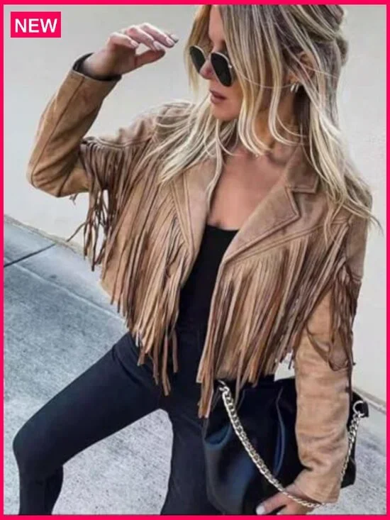 Faux Suede Leather Cropped Jacket with Fringe Tassel Western Style - Picture 3 of 6